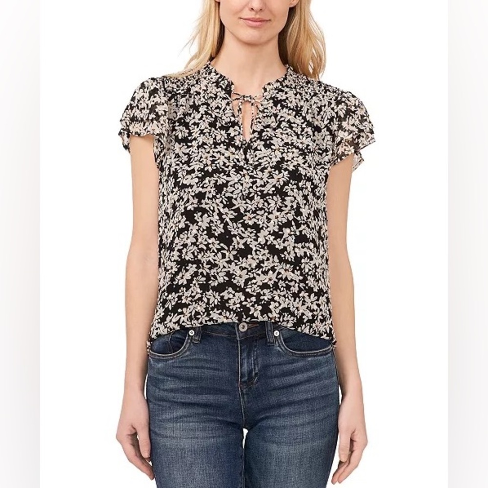 CeCe NWT Coastal Sunrise Top Floral Print Short Sleeves Full Lining Size S